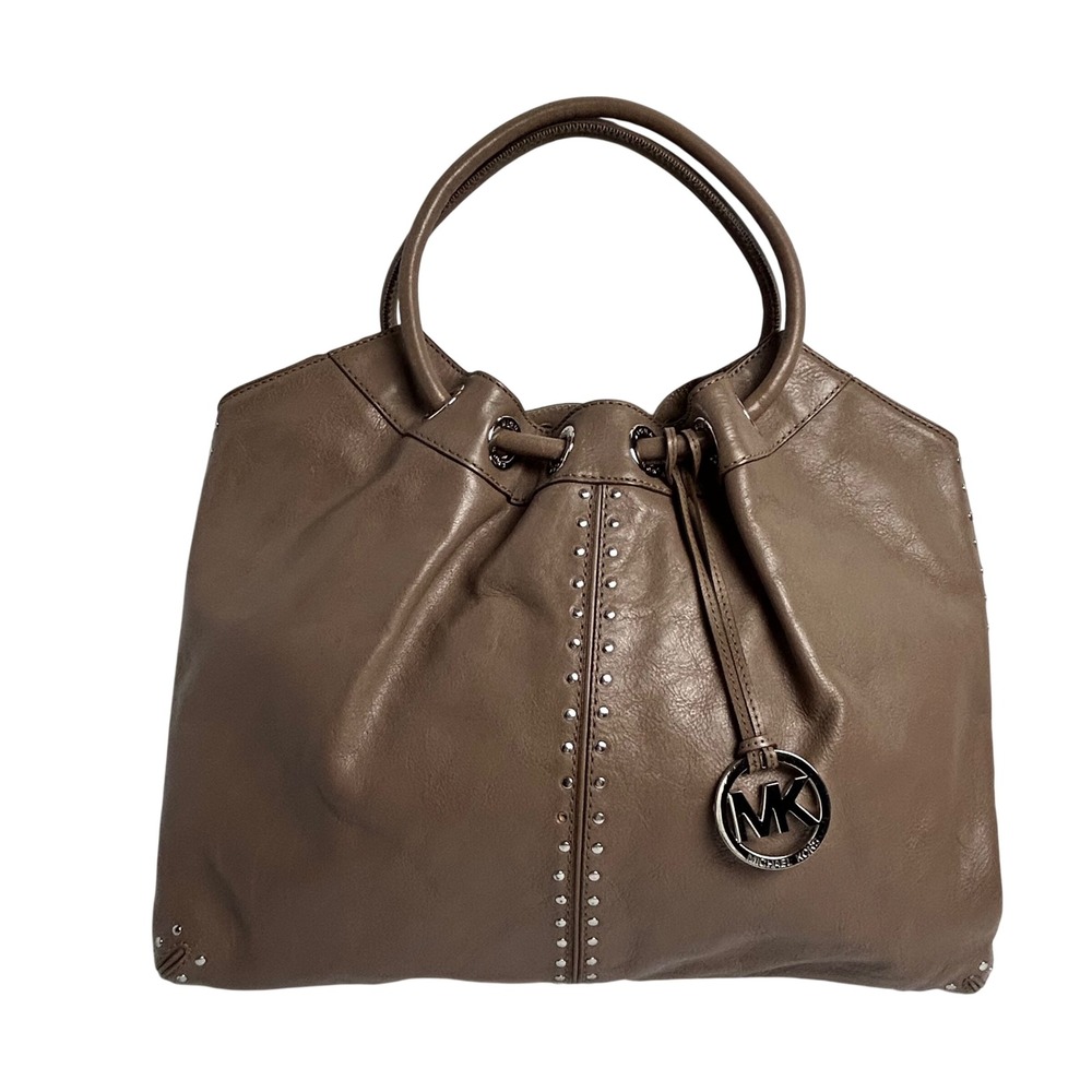 Michael Kors Taupe Leather Studded Hobo Tote Bag Y2K Large Silver Hardware Logo